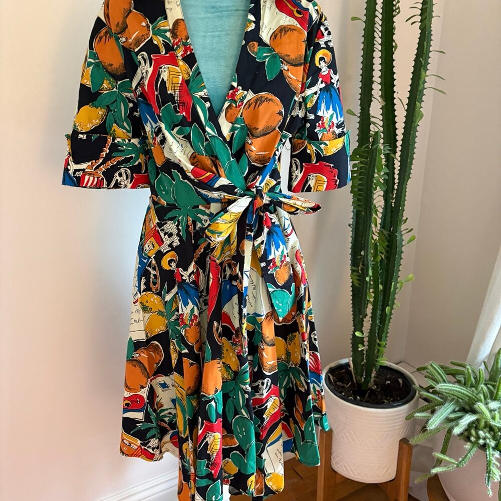 Eva Franco Maximalist Novelty Matador Wrap Dress M Tiki Resort Euro-Summer